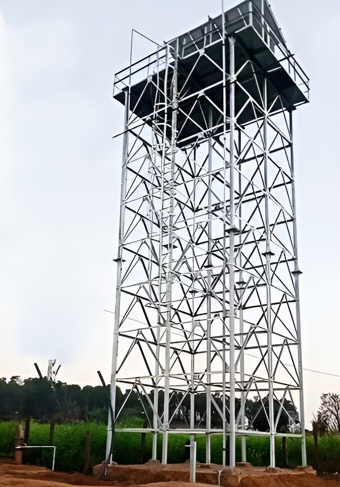 Overhead water storage staging structure.